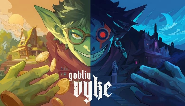 Goblin Vyke: Split scene with green goblin holding coins in daylight, shadow goblin with red eye in moonlit night setting.