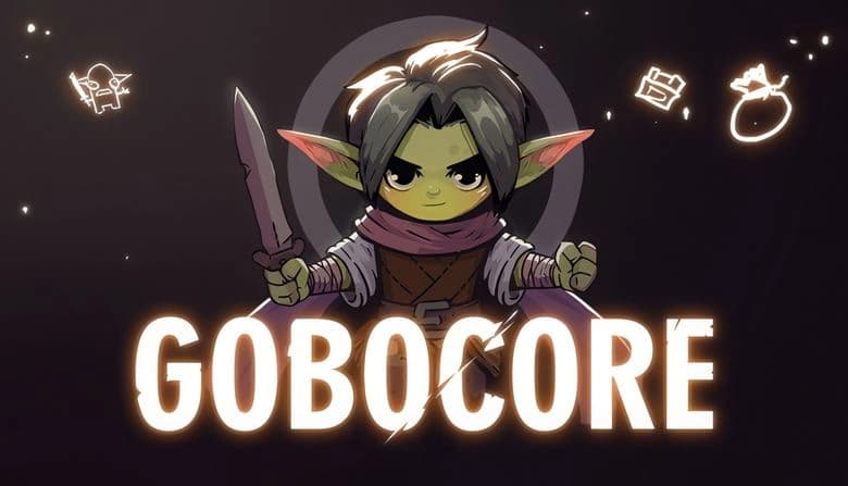 A determined young goblin with green skin and pointed ears holds a sword confidently. Three mysterious icons surround him.