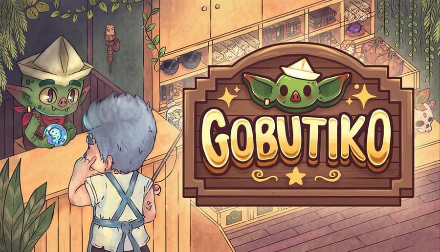 Gobutiko: Young boy haggles with goblin merchant holding a glowing die in a cozy, plant-filled shop adorned with trinkets.