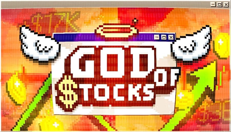 God of Stocks: Pixelated title banner with wings and halo, rising green arrows and gold coins on red backdrop.