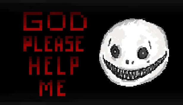 GOD PLEASE HELP ME: Round white face with sharp-toothed grin and dark eyes on black background, grim look prominent.
