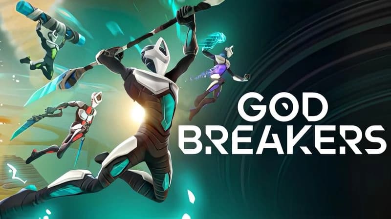 GODBREAKERS: Four armored figures wield glowing weapons, leaping through futuristic landscape with swirling energy.