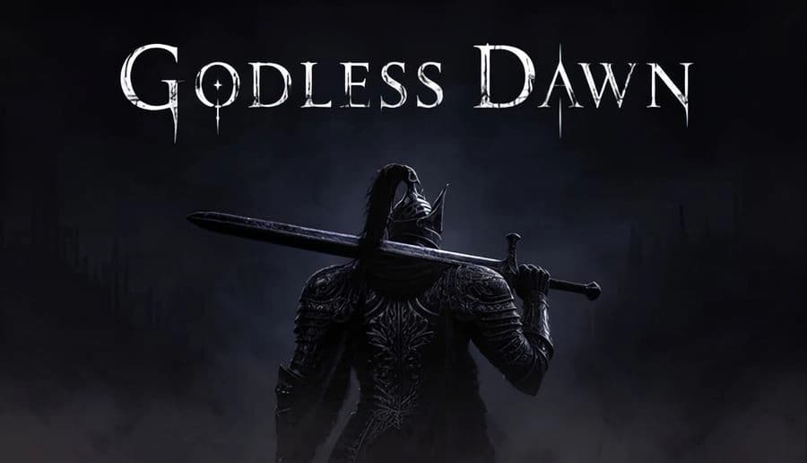 Godless Dawn: Armored warrior holds a huge sword on his shoulder against a dark, foggy background with title above.