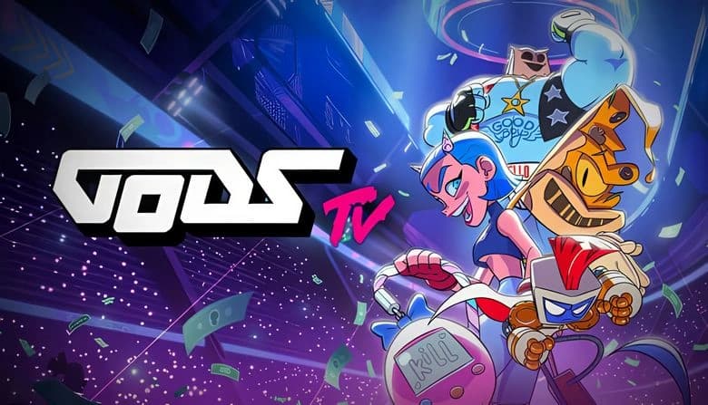 GodsTV: Blue-haired woman with bat and robot duo in dynamic pose, neon-lit arena with floating cash notes in backdrop.