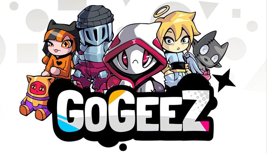 GoGeez: Chibi group with cat-eared girl, armored knight, hooded figure, blonde angel boy, and grey creature on white background.