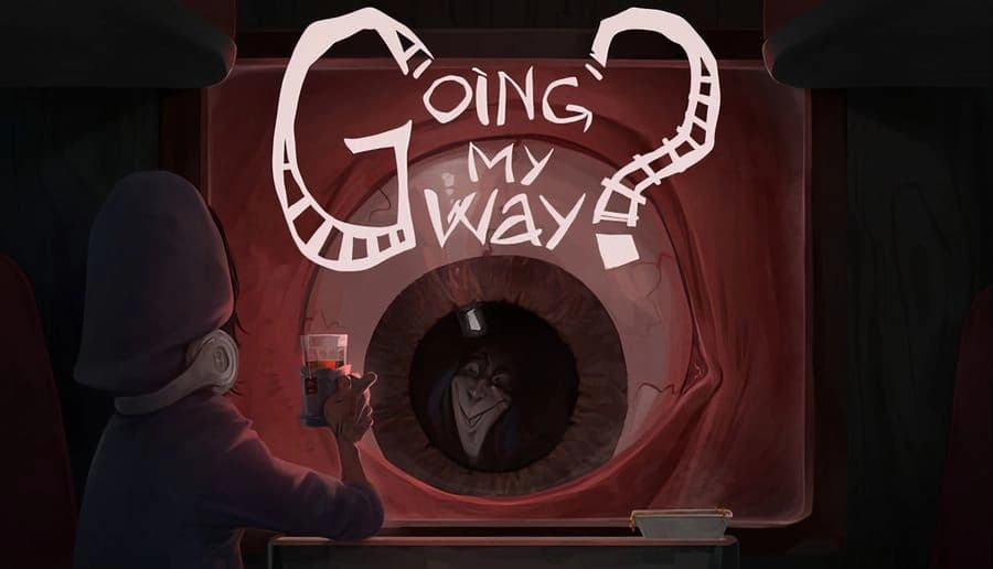 Going my way?: Gloved hand holding a syringe near a bloodshot eye in a shadowy train car interior at night.