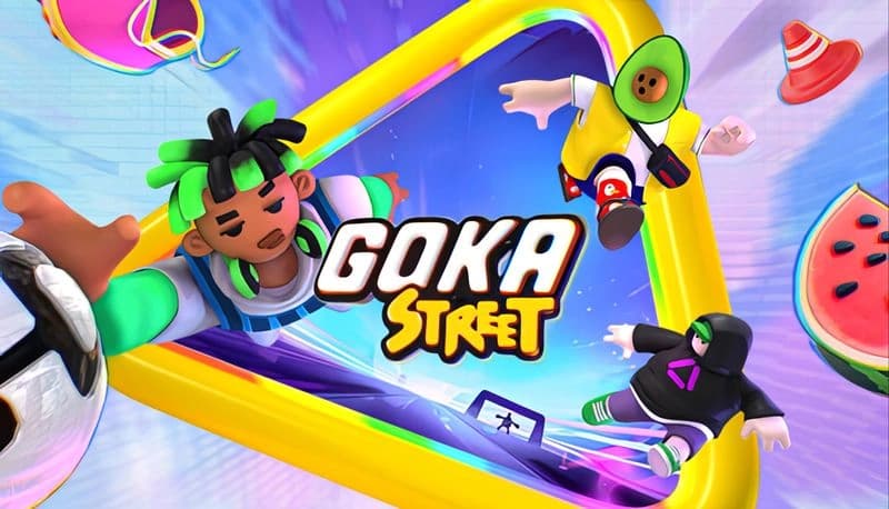 GOKA Street: Diverse characters float through vibrant, abstract shapes with sports gear and food items in a dynamic 3D space.