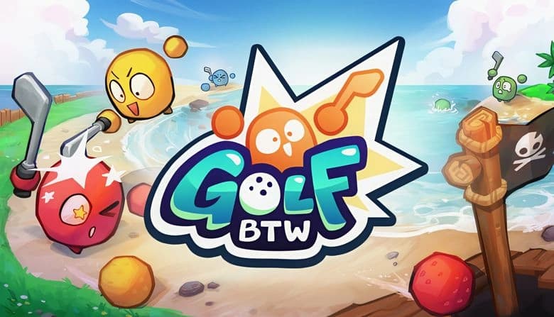 Round, colorful characters with faces and arms play mini-golf on a beach course near a pirate flag and ocean waves.