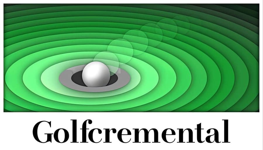 Golfcremental: white golf ball in a dark hole with concentric green rings around it on a stylized golf green backdrop.