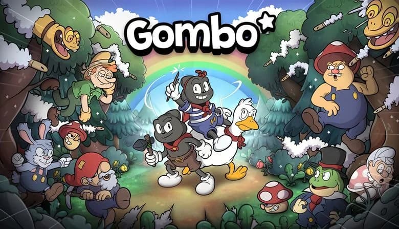 Gombo: Two enchanted figures with tools and a duck journey under rainbow in cartoon forest, facing diverse, quirky enemies.
