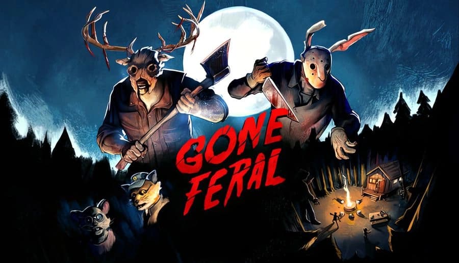 Gone Feral: two masked killers, one with antlers and axe, charge forward under full moon over dark forest silhouettes.