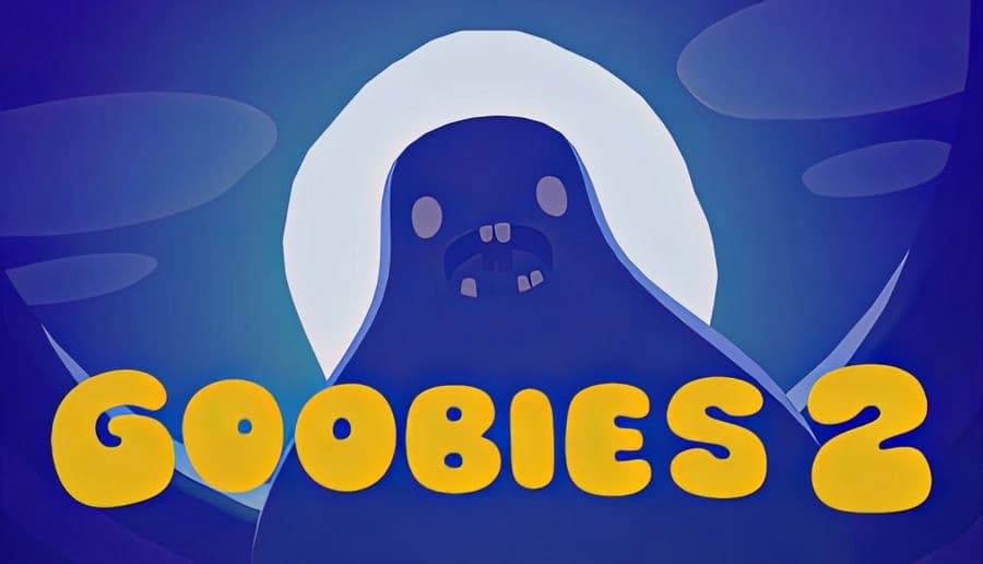 Goobies 2: shadowy blob creature with glowing eyes rises before a white moon in a blue night sky with clouds.
