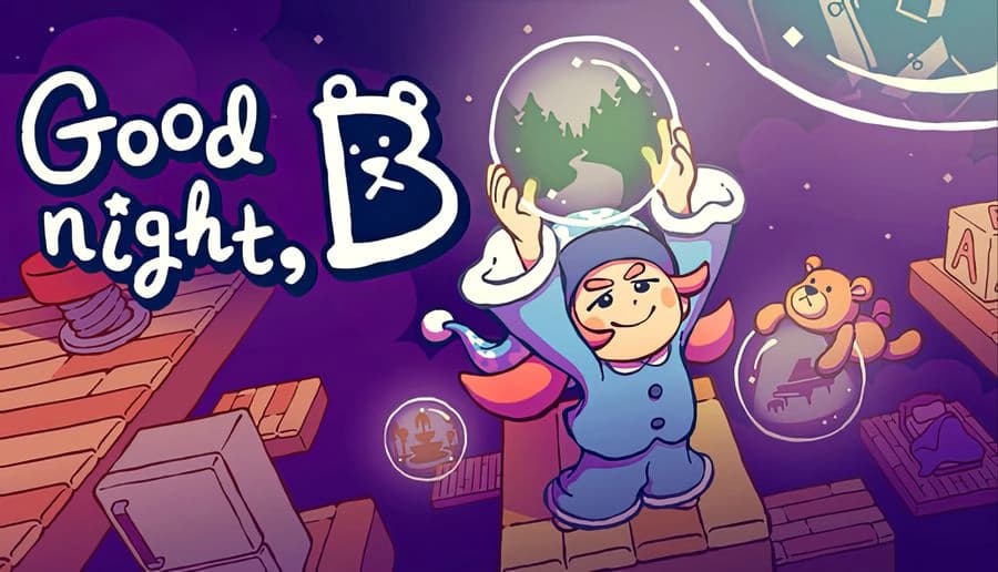 Goodnight, B: young girl in blue pajamas lifts a huge crystal ball above her head in a purple dream room.