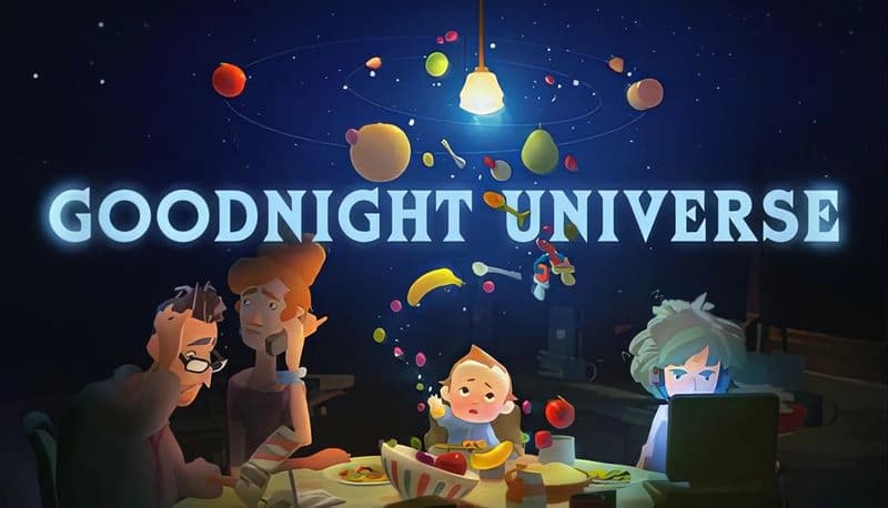 Goodnight Universe Demo: Family dining as colorful fruit floats overhead; young child looks up, older boy uses laptop nearby.