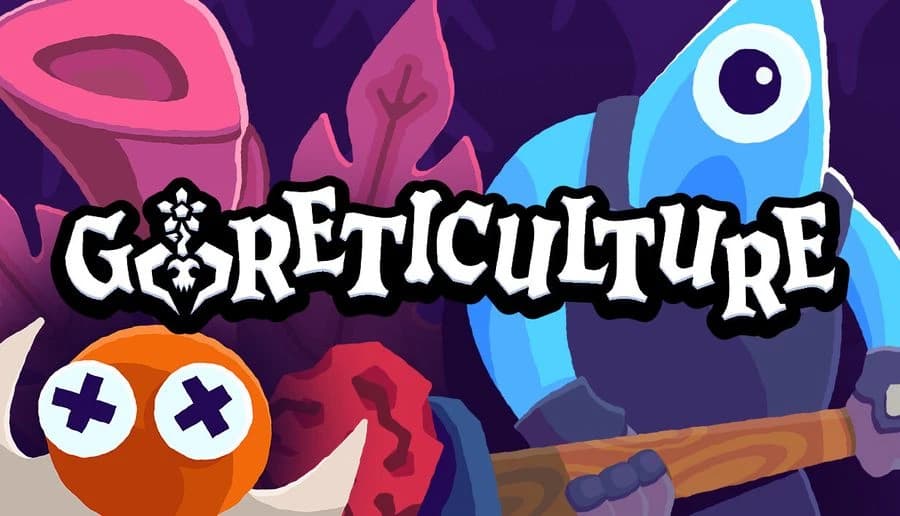 Goreticulture: Bold white title over purple gore and organs, with a blue cartoon eyeball creature on the right side.