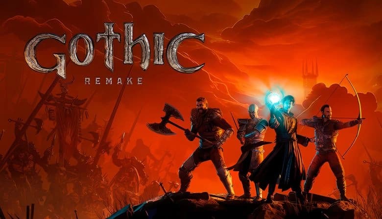 Gothic 1 Remake: Four warriors stand ready in fiery landscape, one casting magic, others wielding weapons under orange sky.