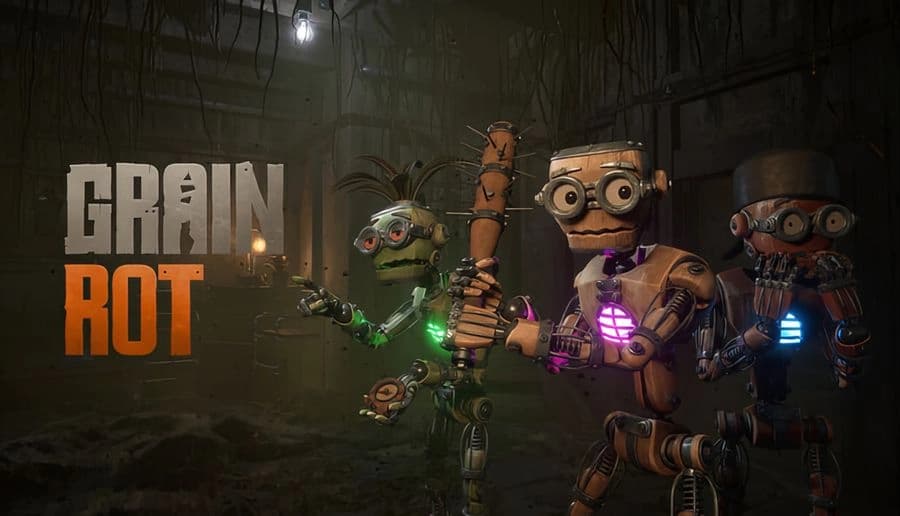 GRAIN ROT: Three robots with goggles and glowing chest lights hold tools in a dim industrial tunnel with rubble.