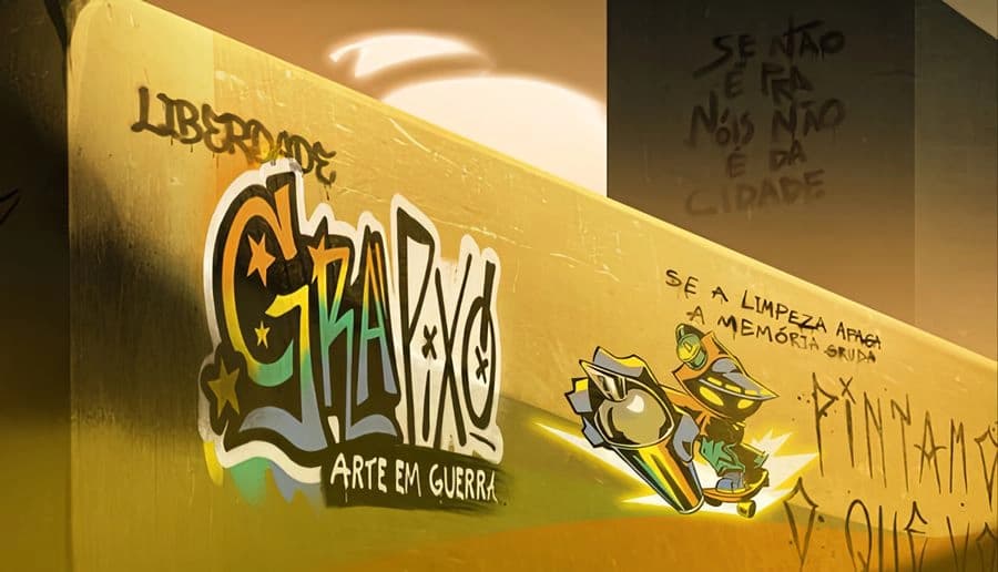Grapixo Arte em Guerra: Hooded graffiti boy rides a yellow spray can past tagged walls in a dim alley corridor.