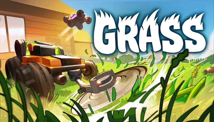 Grass: Orange lawn mower cuts tall grass while a small black mower robot floats above in a sunny yard scene.