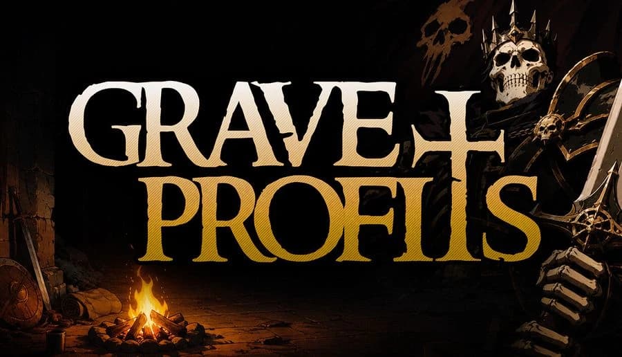 Grave Profits: Skeleton king with crown grips a sword beside a campfire in a dark dungeon corridor.