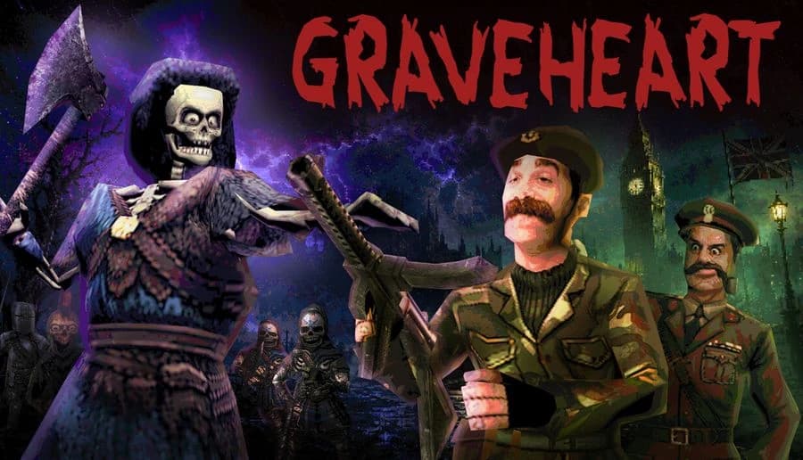 Graveheart: Skeleton warrior swings a battle axe at two mustached soldiers holding guns under stormy skies in London.