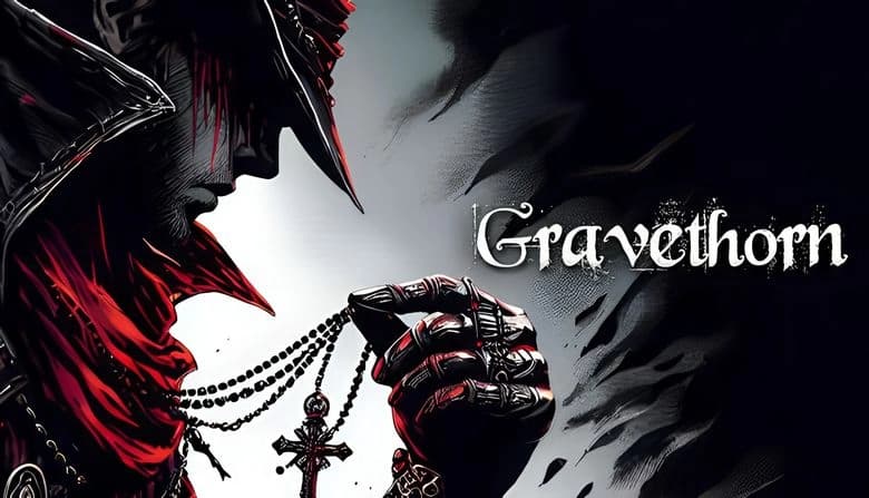 Gravethorn: Dark figure in hat and red scarf holds rosary, shadowy backdrop with feather-like patterns on right side.