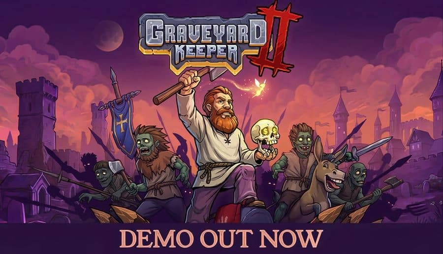 Graveyard Keeper 2: Bearded man raises axe and holds skull beside undead soldiers in a graveyard at dusk sky.