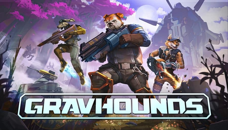 GRAVHOUNDS: Three armored soldiers with rifles and goggles advance through purple fog beside jagged ruins and debris.