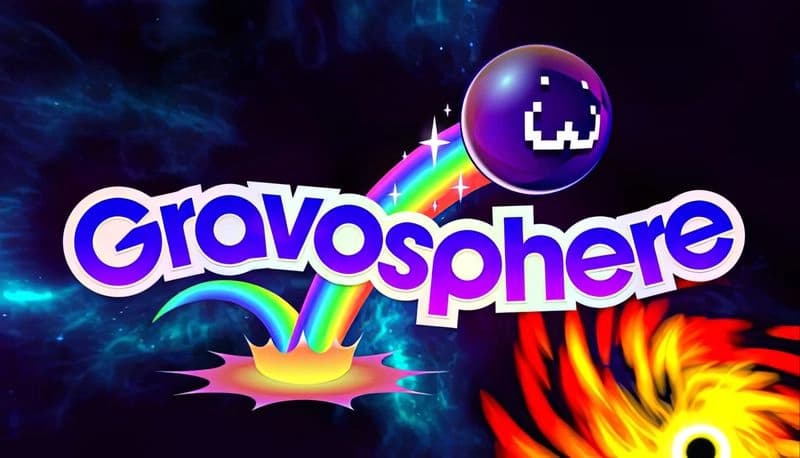 Gravosphere: Smiling purple sphere bounces on rainbow trail, cosmic backdrop, near swirling black hole with fiery edges.