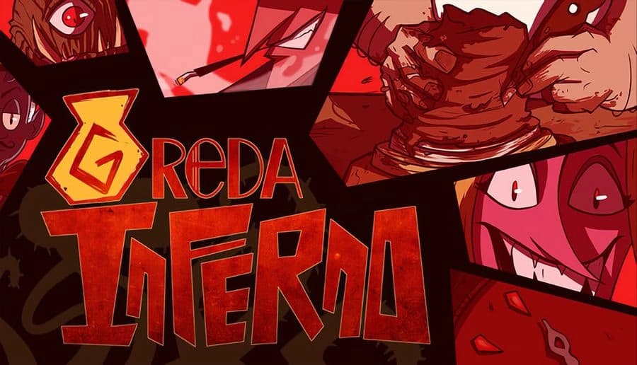Greda Inferno: title card with red-eyed demons and hands molding clay on a pottery wheel in red, black panels.