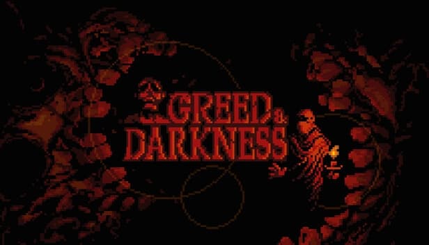 Greed & Darkness: Hooded figure holding torch in dark tunnel, surrounded by swirling shadows and ominous red patterns.