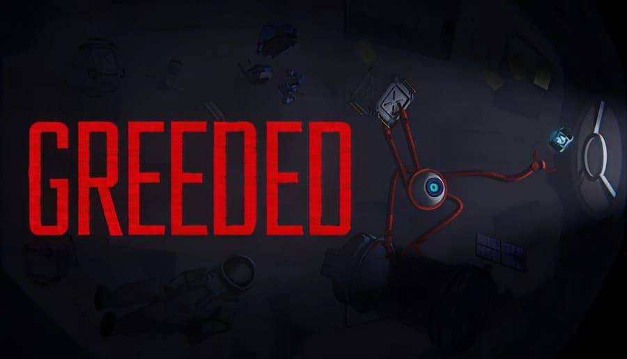 Greeded: Long-armed robot with glowing blue eye reaches across floating space-station debris in dark orbit scene.