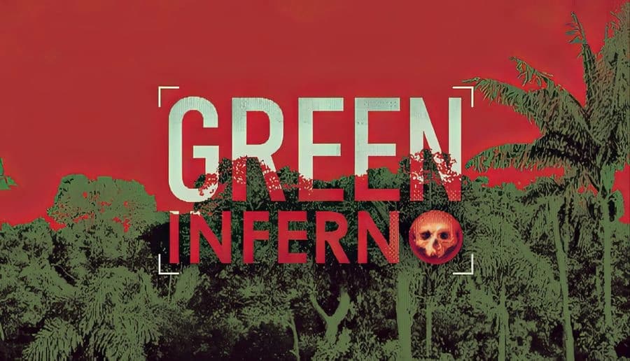 Green Inferno: Large block letters over a jungle hillside, with a red human skull icon on the right edge.