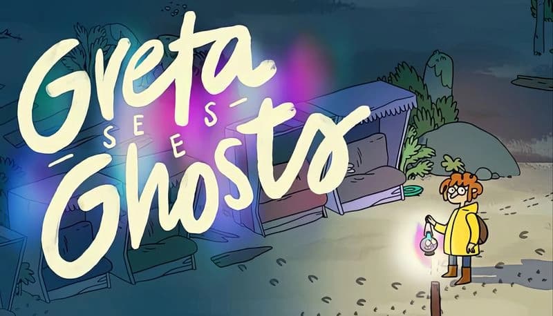 Greta Sees Ghosts!: Young girl in yellow coat with lantern stands on beach with glowing ghosts and colorful tents at night.