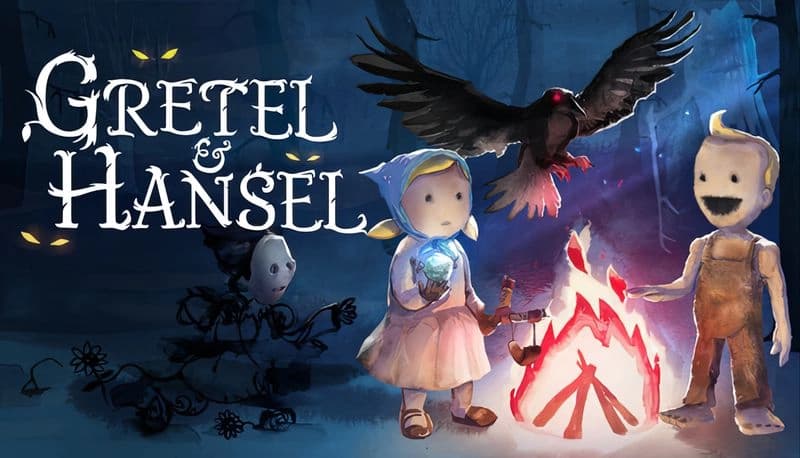 Gretel & Hansel: Young girl holds lantern near campfire, boy beside her, raven perched on branch in eerie forest setting.