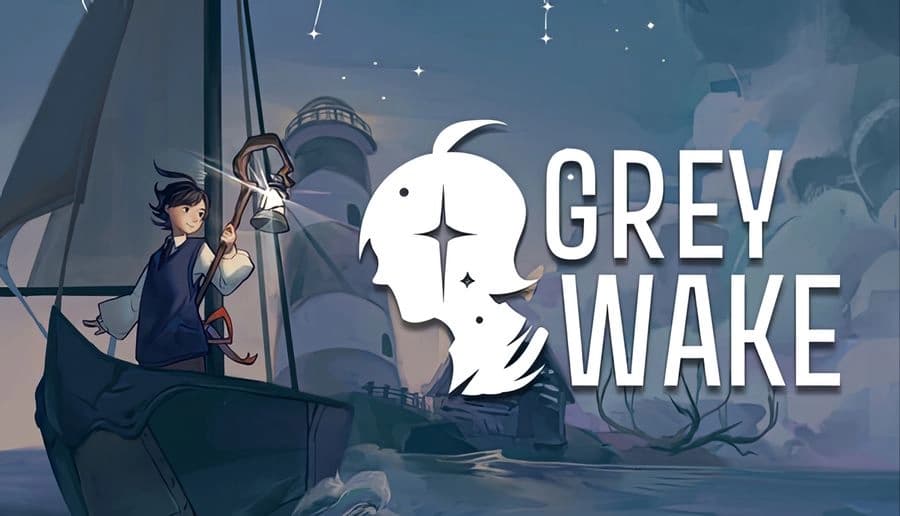 Grey Wake: young woman holding a lantern and satchel beside a sailboat mast, foggy island cliffs behind her.