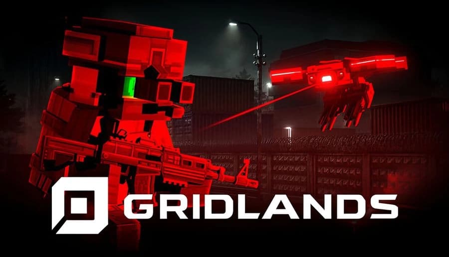 GRIDLANDS: Armored robot soldier aims rifle at hovering red drone with laser sight in dark industrial yard at night.