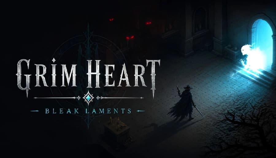 Grim Heart: Cloaked man with sword faces glowing ghost at a doorway in a dark stone hall with blue light rays.