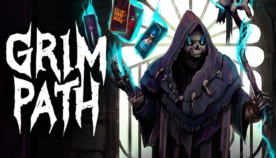 Grim Path: Hooded skeleton mage levitates glowing cards and blue flames inside a dark stone dungeon corridor.