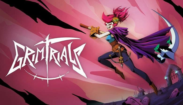 Young woman with pink hair in a purple cloak runs energetically in a graveyard, wielding a large scythe, crossbow holstered.