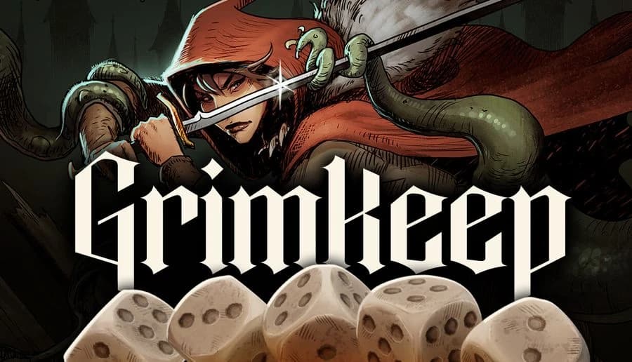 GrimKeep: Hooded warrior grips a sword beside white dice, framed by dark tentacles and bold gothic backdrop.