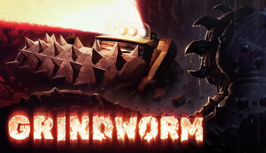 GRINDWORM: Spiked drilling machine with blazing headlights faces a clawed creature in a dark underground mine tunnel.