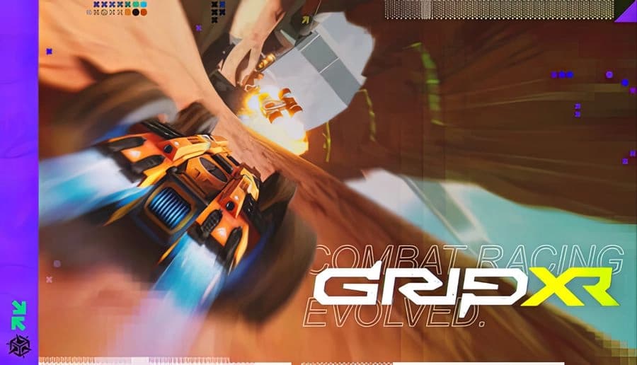 GRIP XR: Orange rocket car boosting through tunnel, tilted sideways with motion blur and bright neon signs overhead.