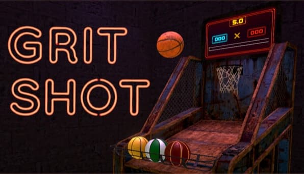 Grit Shot: Neon “GRIT SHOT” sign above a rusty arcade basketball lane with several balls and a digital scoreboard.