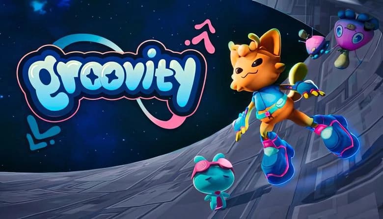 Groovity: Cat-like figure in spacesuit floats in cosmic setting with two alien companions on a curved metallic surface.