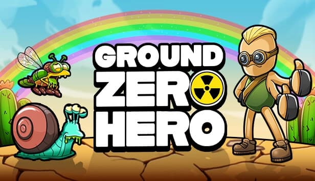 A four-armed humanoid with goggles stands in a desert, facing a snail and flying insect. Cacti and a rainbow in background.