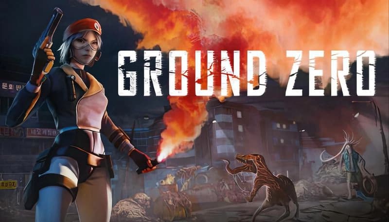 Ground Zero: Young woman in uniform with flare and pistol stands in fiery cityscape as mutant creatures lurk in shadows.