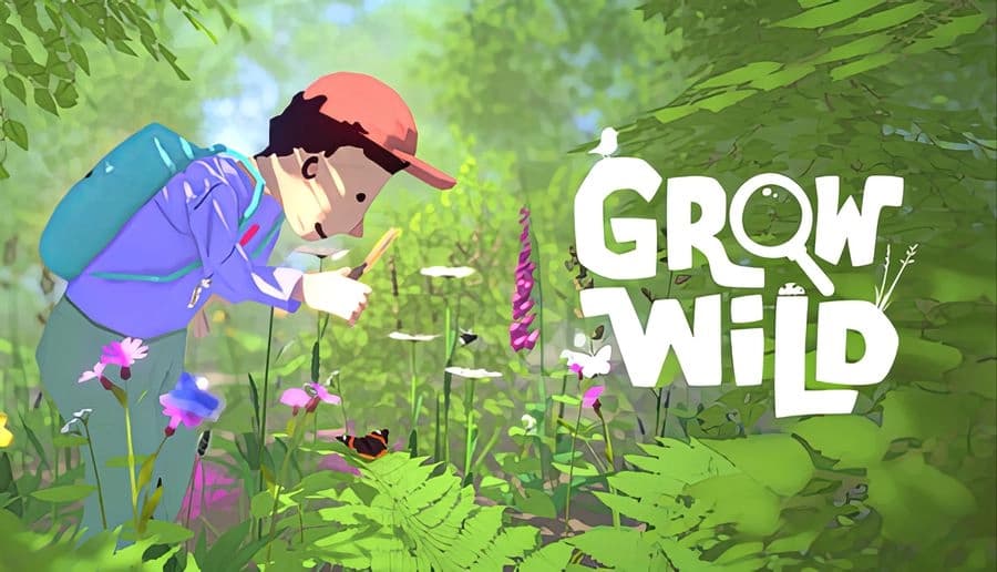 Grow Wild: young boy in red cap crouches with trowel by pond plants, butterflies and dragonflies in green meadow.