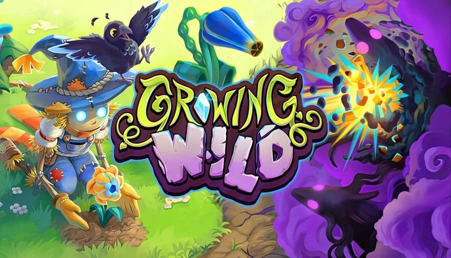 Growing Wild: scarecrow with glowing eyes aims vine staff at smoky creature, birds and mushrooms in meadow.
