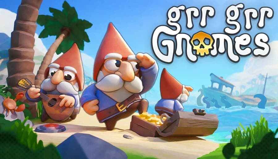 Grr Grr Gnomes: Three bearded gnomes with red hats explore a sandy beach by palms, ocean waves, and shipwreck silhouette.